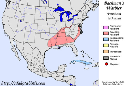 Bachman's Warbler - North American Range Map