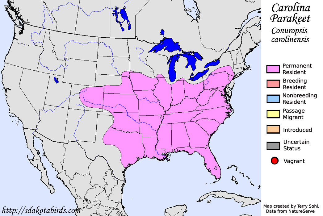 Carolina Parakeet - North American Range Map