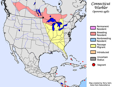 Connecticut Warbler - Oporornis agilis - Range map