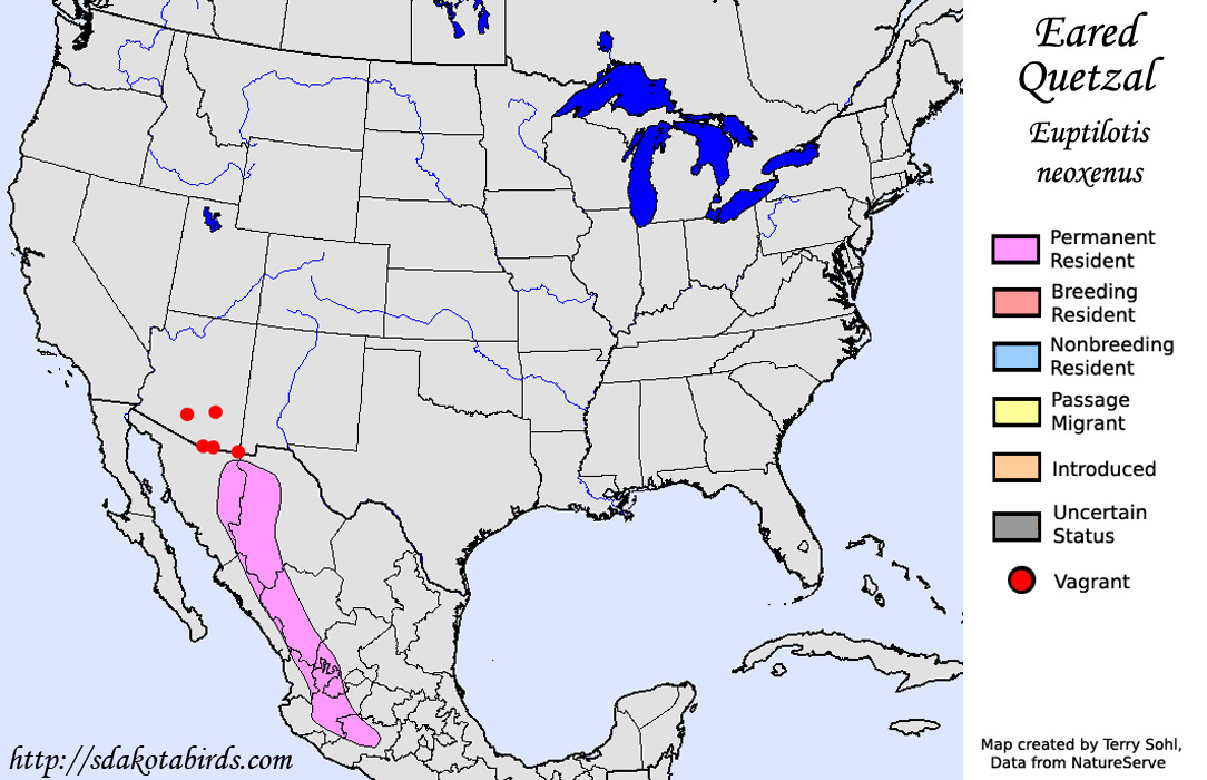 Eared Quetzal - North American Range Map