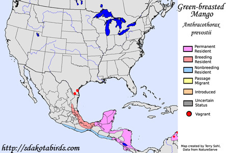 Green-breasted Mango - Range Map