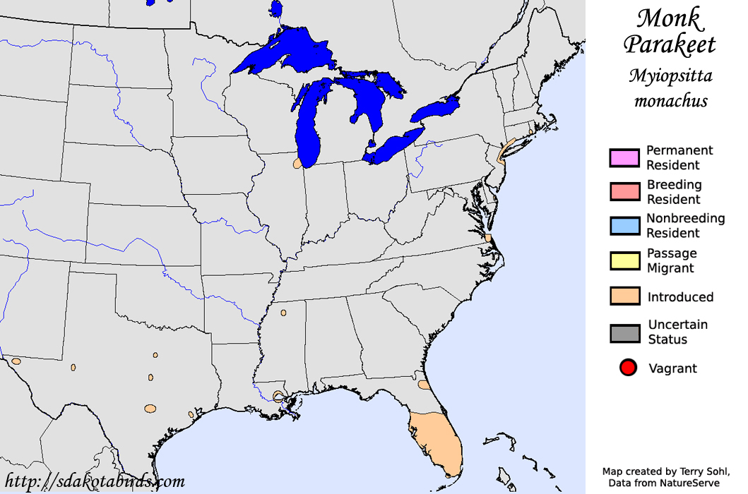 Monk Parakeet - North American Range Map