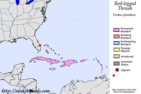 Red-legged Thrush - Range Map